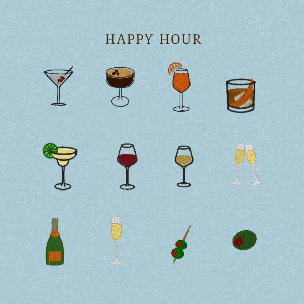 A light blue square graphic with the words “HAPPY HOUR” at the top and nine small illustrated cocktail and drink icons arranged in a 3-by-3 grid below.