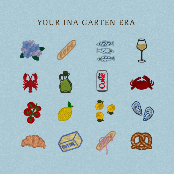 A square graphic with the text 'YOUR INA GARTEN ERA' at the top on a light blue textured background, surrounded by small embroidered-style illustrations including flowers, bread, fish, wine, lobster, pitcher, soda can, crab, tomatoes, lemon, oyster shells, croissant, box, sandals, and pretzel.