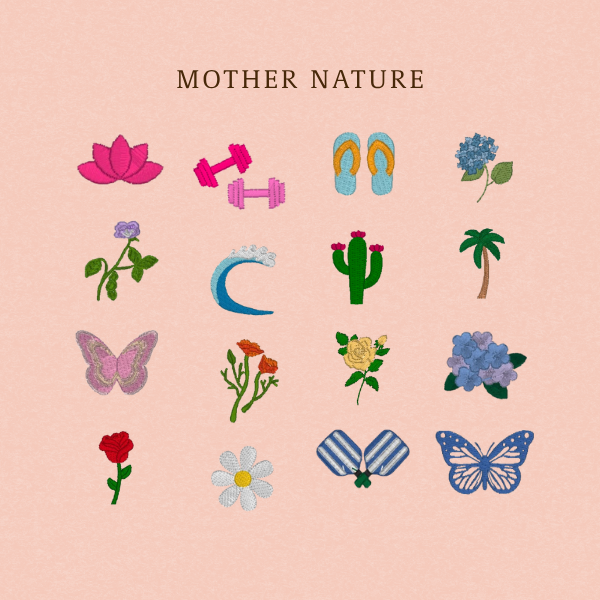 A pink square graphic with the text 'MOTHER NATURE' at the top and a grid of small colorful illustrated icons below, including flowers, a butterfly, dumbbells, flip-flops, a wave, a cactus, a palm tree, and other motifs on a pale pink background.