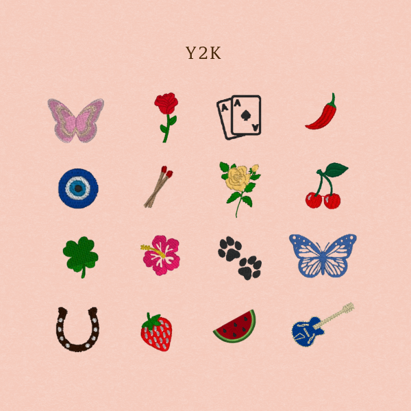 A pink square graphic featuring the text 'Y2K' at the top and a grid of small colorful icons below, including butterflies, a rose, playing cards, a chili pepper, an eye motif, matches, a yellow flower, cherries, a clover, hibiscus, paw prints, a blue butterfly, a horseshoe, a strawberry, a watermelon slice, and a blue guitar.